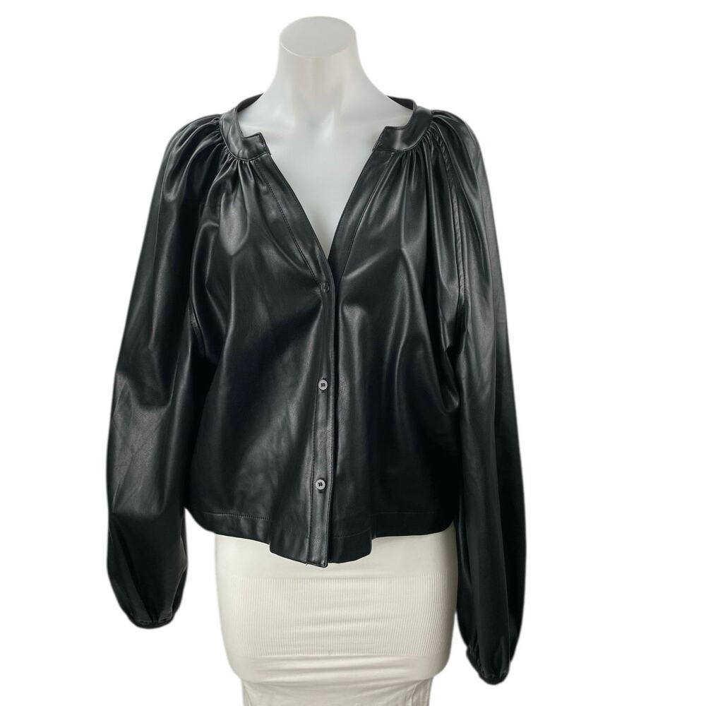 Dolce Cabo Women's Black Faux Vegan Leather Button Down Peasant Blouse Top Sz L